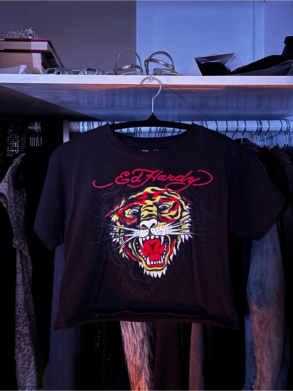 Ed Hardy Black Tee with Red and Yellow Tiger Graphic - Picture 1 of 5